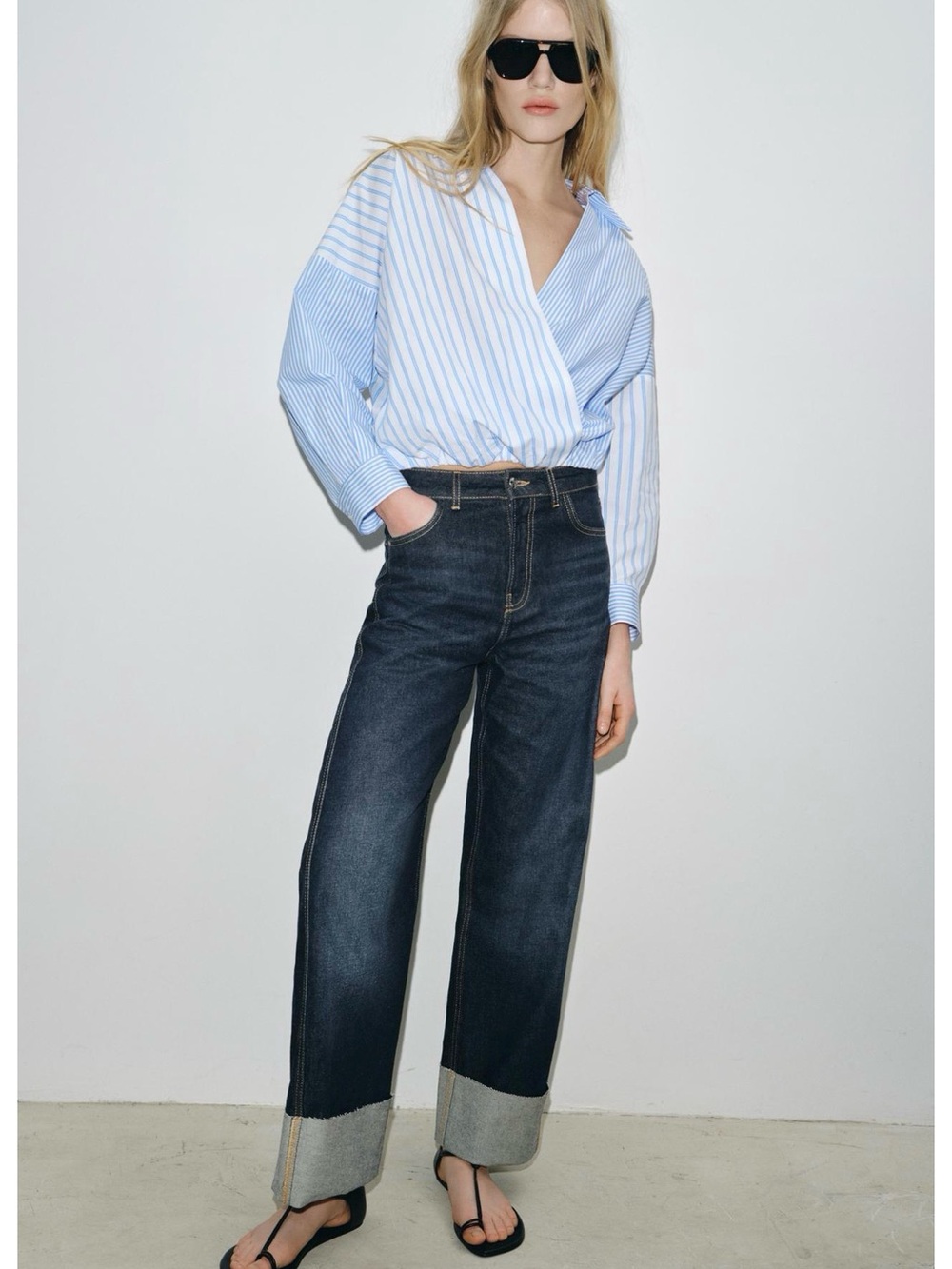 Zara Patchwork Striped Wrap Poplin Shirt